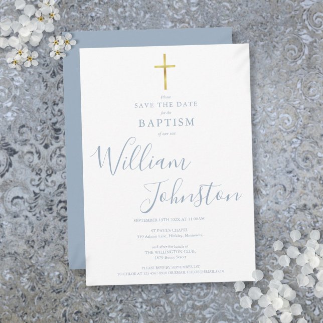 Elegant Baptism Christening Gold Cross Dusty Blue Save The Date (Elegant Baptism Christening Gold Cross Dusty Blue Save The Date)