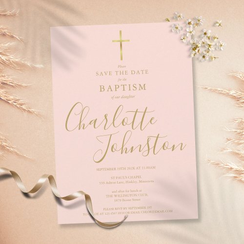 Elegant Baptism Christening Gold Script Blush Pink Save The Date