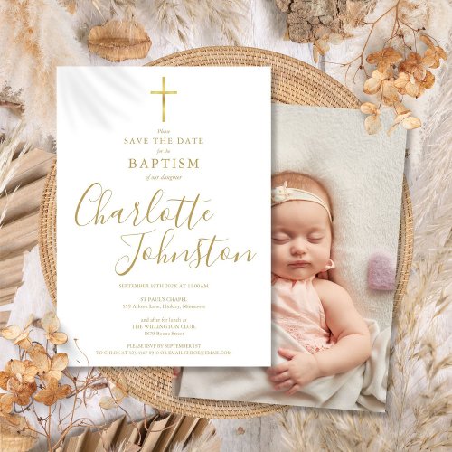 Elegant Baptism Christening Gold Signature Photo Save The Date