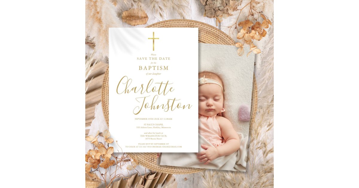 Elegant Baptism Christening Gold Signature Photo Save The Date
