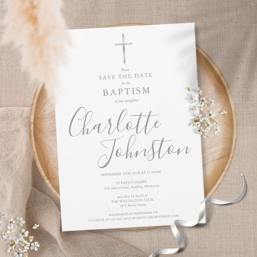 Elegant Baptism Christening Silver Signature Save The Date