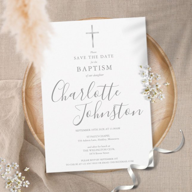 Elegant Baptism Christening Silver Signature Save The Date