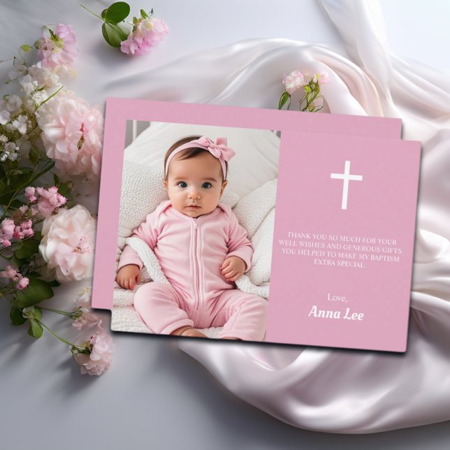 Elegant Baptism Christening White Cross Dusty Pink Thank You Card (Creator Uploaded)