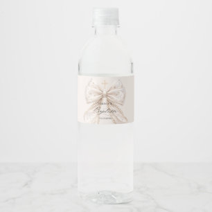 Elegant Baptism Coquette Bow with Pearls Water Bottle Label