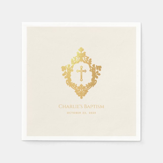 Elegant Baptism Faux Gold Cross in Crest Ivory Napkins (Front)
