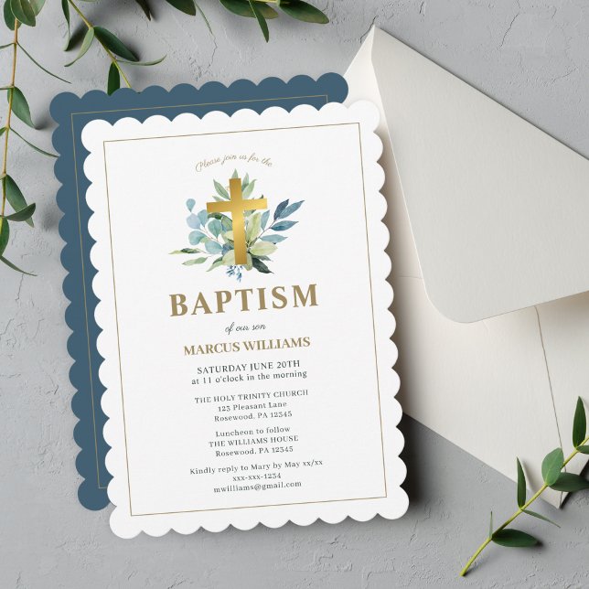 Elegant Baptism Gold Cross Watercolor Invitation (Creator Uploaded)