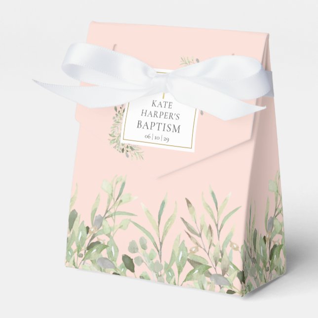 Elegant Baptism Greenery Foliage Blush Pink Favor Boxes (Front Side)