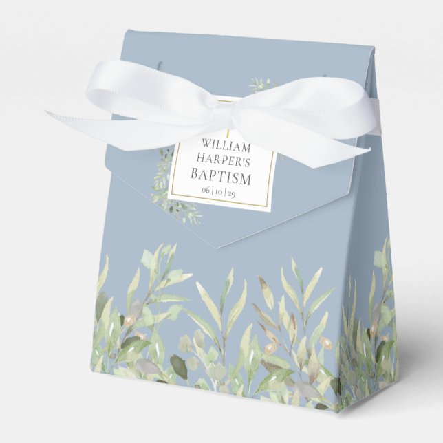 Elegant Baptism Greenery Foliage Dusty Blue Favor Boxes (Front Side)