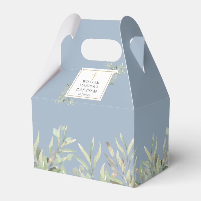 Elegant Baptism Greenery Leaves Dusty Blue Favor Boxes (Front Side)