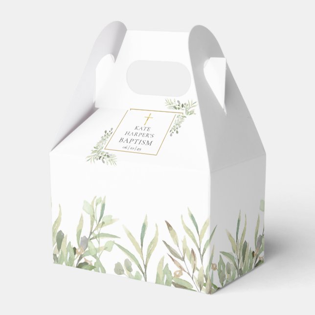 Elegant Baptism Greenery Leaves Favor Box (Front Side)