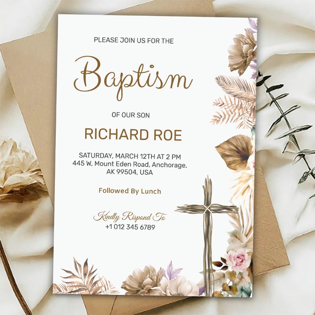 Elegant baptism invitation featuring floral accent (Creator Uploaded)