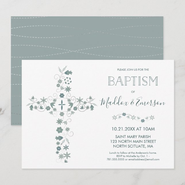 Elegant Baptism Invitation - Floral Cross (Front/Back)