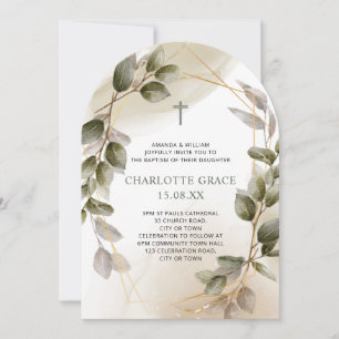 Elegant Baptism Invitation Green & Gold Botanical 