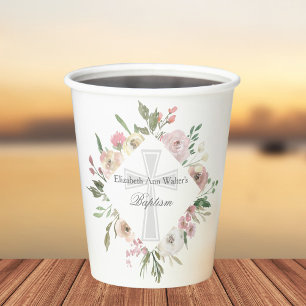 Elegant Baptism Party Custom Pink Floral Paper Cups