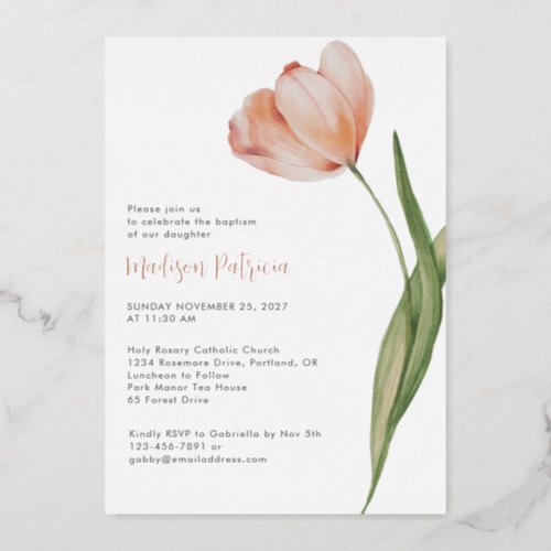 Elegant Baptism Peach Floral Tulip Rose Gold Foil Invitation
