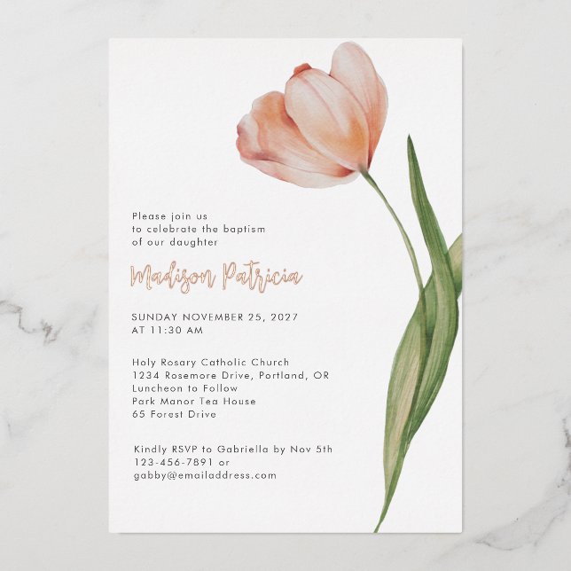 Elegant Baptism Peach Floral Tulip Rose Gold Foil Invitation (Front)