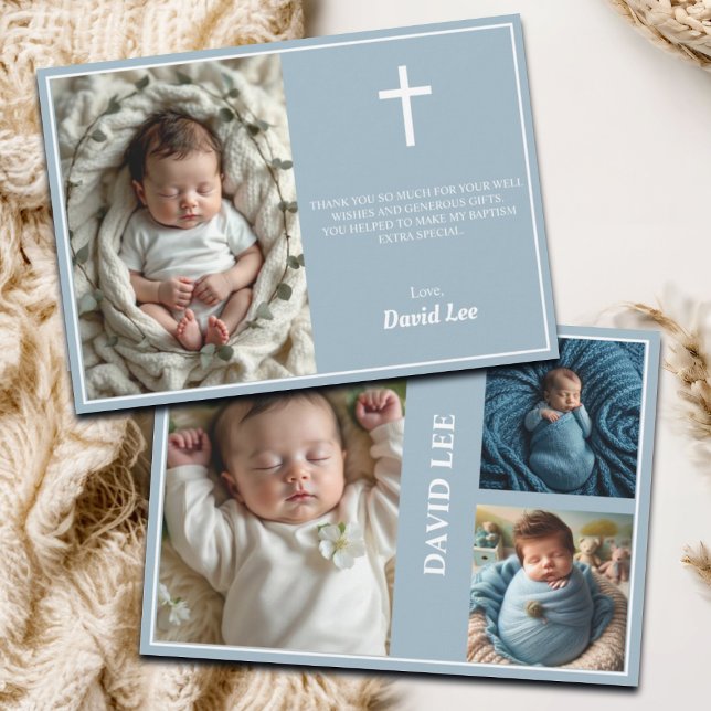 Elegant Baptism Photo Collage Dusty Blue Thank You Card (Creator Uploaded)