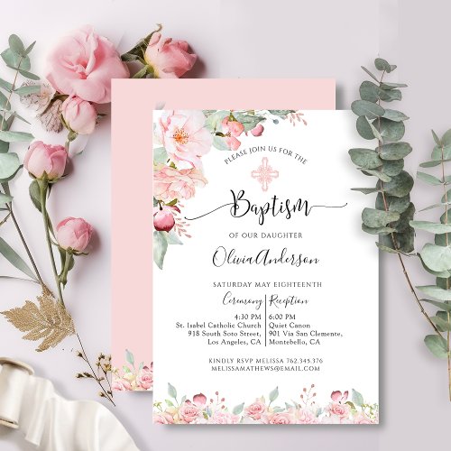 Elegant Baptism Pink and Mint Floral Invitation
