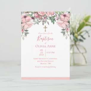 Elegant Baptism Pink Floral Name Invitation