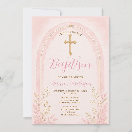 Elegant Baptism Pink Gold Cross Floral Arch Boho Invitation