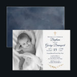 Elegant Baptism Religious event custom photo Invitation<br><div class="desc">Elegant Baptism event invitation in navy blue with gold floral details. It is personalized with your custom photo. Find matching products in our shop or contact us.</div>