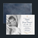 Elegant Baptism Religious event custom photo Invitation<br><div class="desc">Elegant Baptism event invitation in navy blue with gold floral details. It is personalized with your custom photo. Find matching products in our shop or contact us.</div>