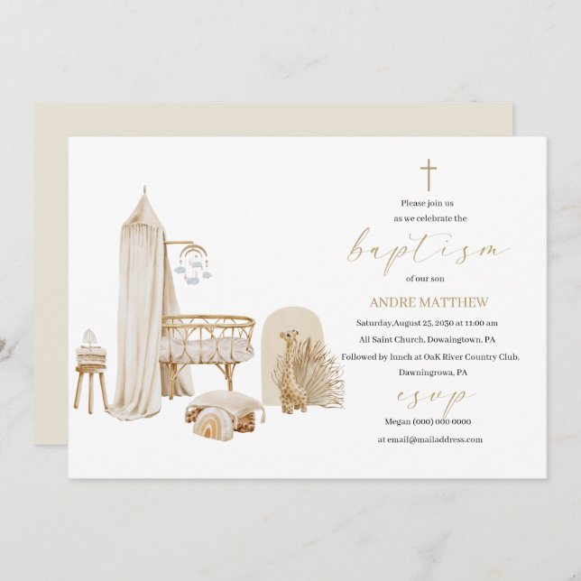 Elegant Baptism Religious gender neutral boho nurs Invitation (Front/Back)