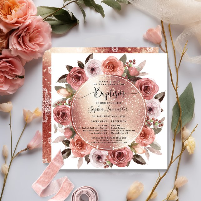 Elegant Baptism Rose Gold Floral Invitation (Creator Uploaded)