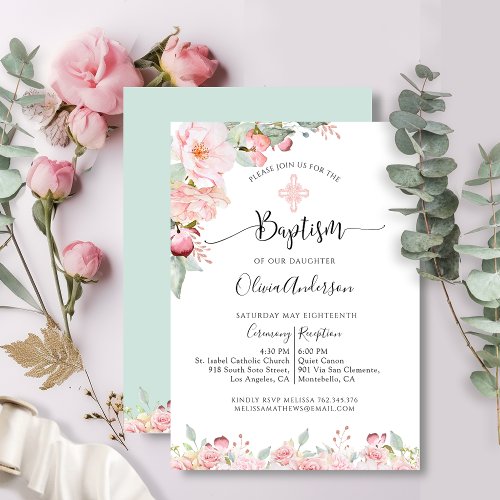 Elegant Baptism Rose Gold Mint Floral Invitation