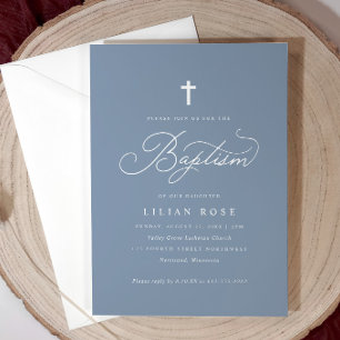 Elegant Baptism Script Cross Dusty Blue Invitation