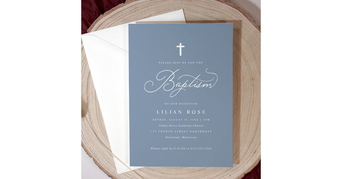 Elegant Baptism Script Cross Dusty Blue Invitation | Zazzle