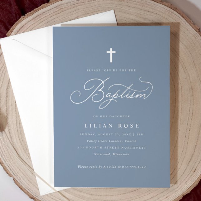 Elegant Baptism Script Cross Dusty Blue Invitation (Dusty blue baptism invitation with gold script and cross—elegant, soft, and personalized.)