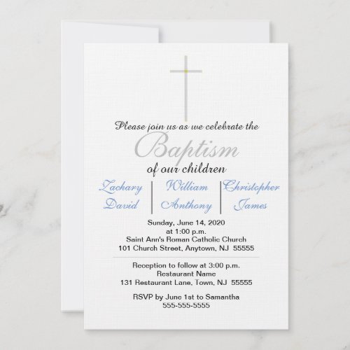 Elegant Baptism Silver Cross Blue Triplets  Invitation