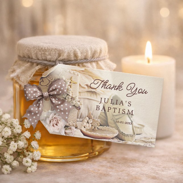 Elegant Baptism Thank You Favor Tag (Gift tag featuring a romantic baptism or christening scene in lovely pastel colors with roses)