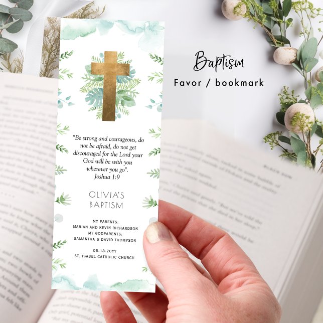 Elegant Baptism Turquoise and Greenery Favor Bookmarks (Creator Uploaded)