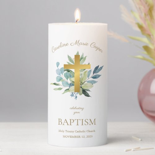 Elegant Baptism Watercolor Foliage Cross Pillar Candle