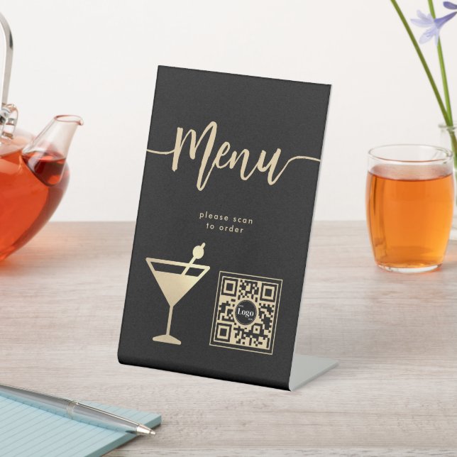 Elegant Bar Menu Gold Cocktail Glass QR Code  Pedestal Sign (In SItu)