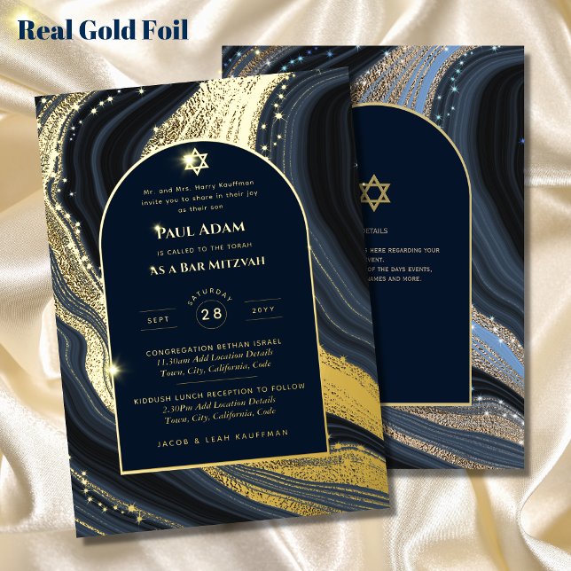 Elegant Bar Mitzvah | Bat Mitzvah | Navy Agate Foil Invitation (Creator Uploaded)