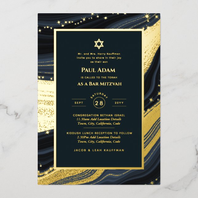 Elegant Bar Mitzvah | Bat Mitzvah | Navy Agate Foil Invitation (Front)