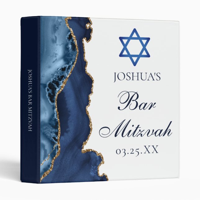 Elegant Bar Mitzvah Navy Blue Gold Agate Custom 3 Ring Binder (Front/Spine)