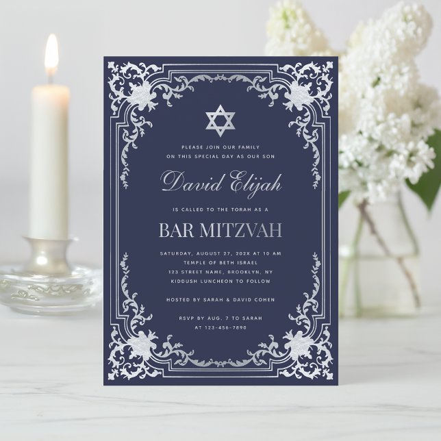 Elegant Bar Mitzvah Navy Blue Silver Gray Vintage Invitation (Creator Uploaded)
