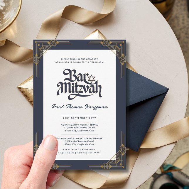 Elegant BAR MITZVAH Quality Navy Gold Modern Invitation (Creator Uploaded)