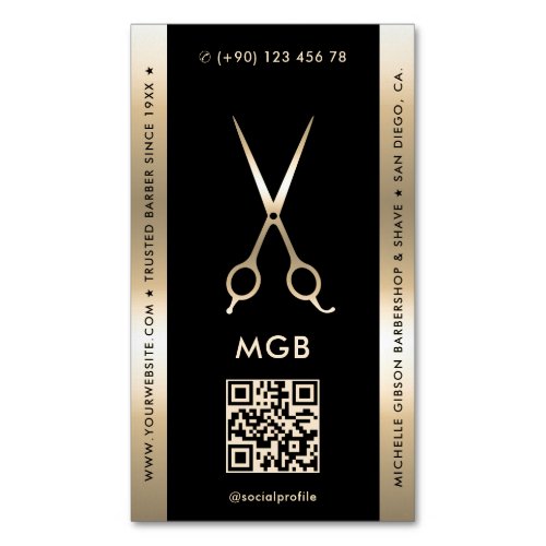 Elegant Barber Barbershop Black Gold Scissors Business Card Magnet