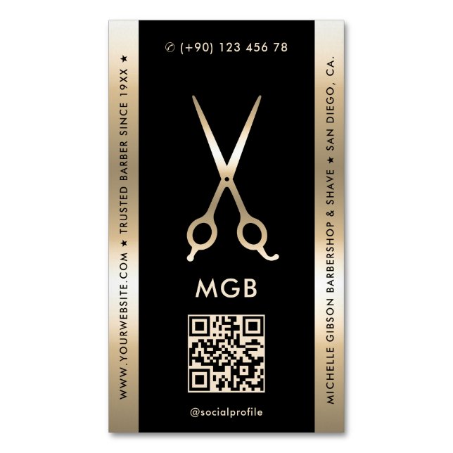 Elegant Barber Barbershop Black Gold Scissors Business Card Magnet (Front Vertical)