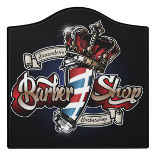 Elegant Barber Pole and Crown Logo Personalize Door Sign