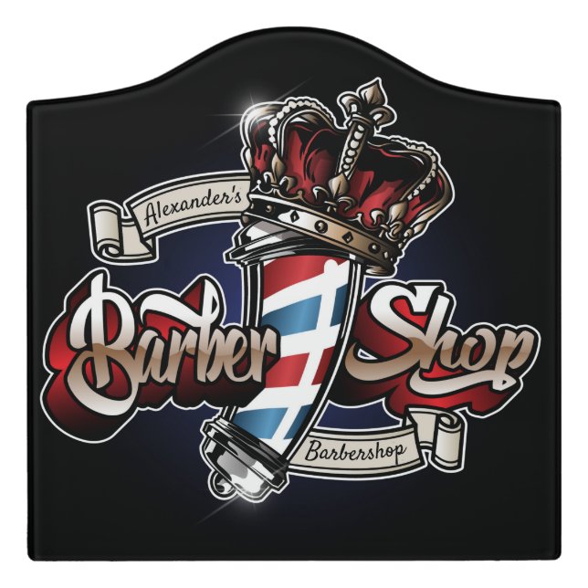 Elegant Barber Pole and Crown Logo Personalize Door Sign (Large Crest Front)