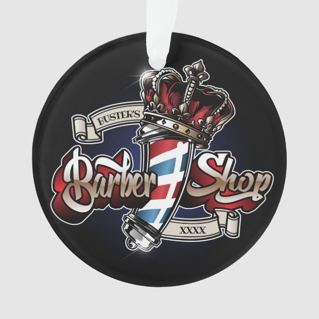 Elegant Barber Pole and Crown Logo Personalize  Ornament (Front)