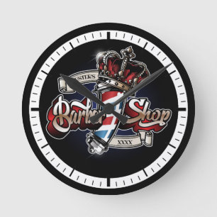 Elegant Barber Pole and Crown Logo Personalize Round Clock