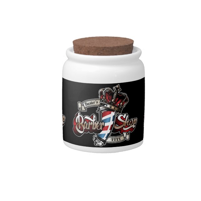 Elegant Barber Pole and Crown Personalize Candy Jar (Front)