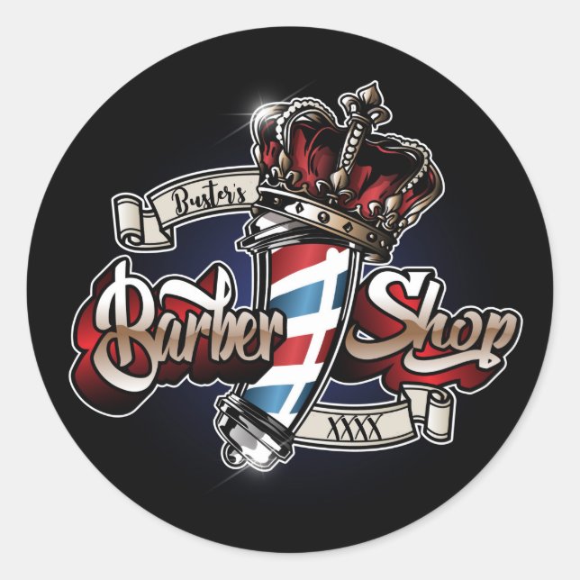 Elegant Barber Pole and Crown Personalize Classic Round Sticker (Front)